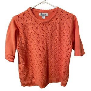 Haband Coral Orange Pointelle Diamond Knit Short Sleeve Sweater Womens Medium